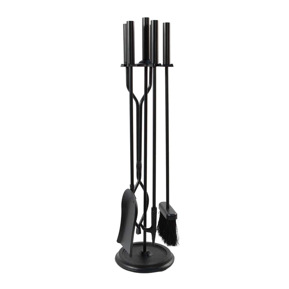 ACHLA DESIGNS 30 in. Tall 5-Piece Black Neoclassic Fireplace Tool Set with Round Base