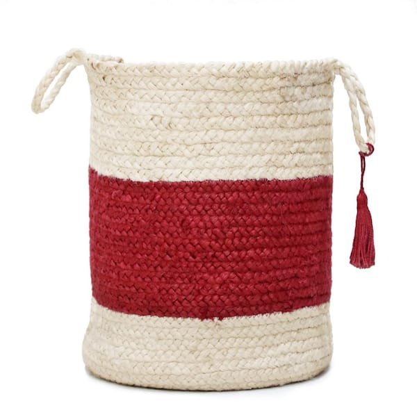Unbranded Amara Bold Striped Off-White / Red 17 in. Jute Decorative Storage Basket with Handles
