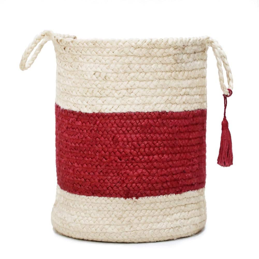 Amara Bold Striped Off-White / Red 19 in. Jute Decorative Storage Basket wi