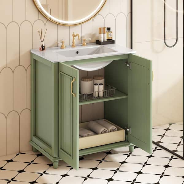 Magic Home 30 in. W Freestanding Bathroom Vanity in Green with White Resin Top with Hidden Drawer and Storage Cabinet
