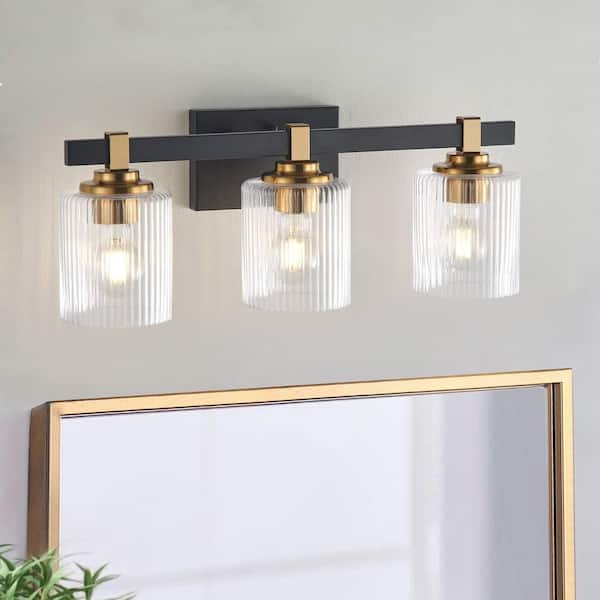 Modern 20.47 in. 3-Light Black and Gold Vanity Light Over Mirrors with Texture Glass Shade
