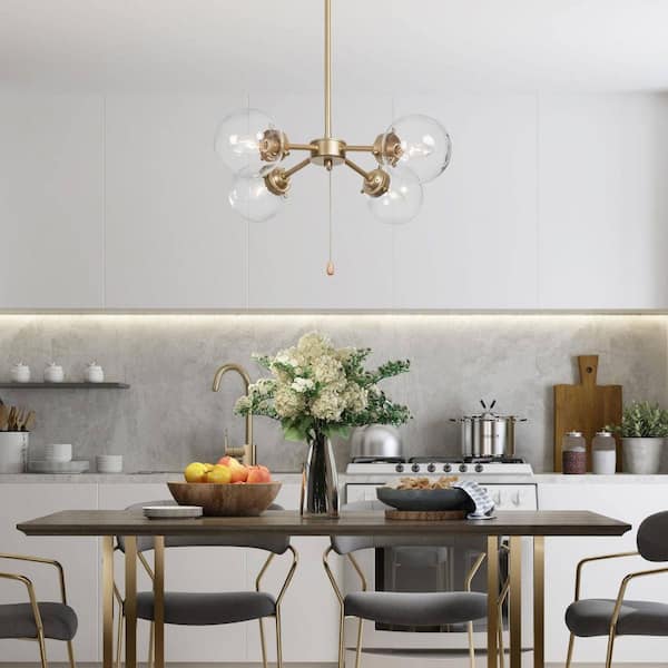 4-Light Gold Modern Transitional Dining Room Chandelier with Pull Chain Switch, Kitchen Island Flush Mount Chandelier