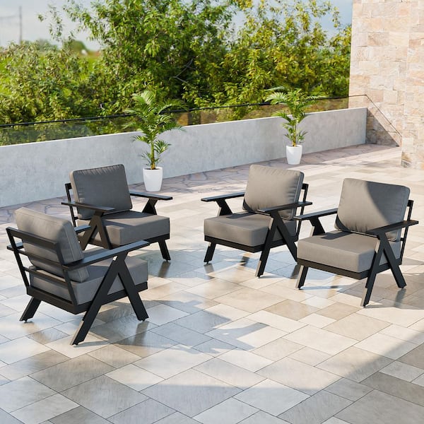 All-Weather Aluminum Garden Outdoor Patio Furniture Metal Lounge Chairs with Gray Cushions (Set of 4)