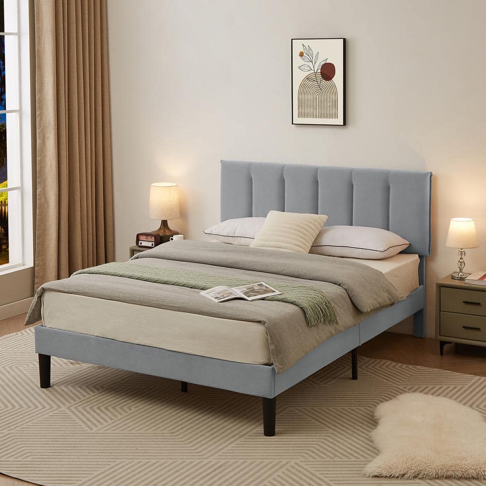 VECELO Upholstered Bed Frame Light Gray Metal Frame Queen Platform Bed ...