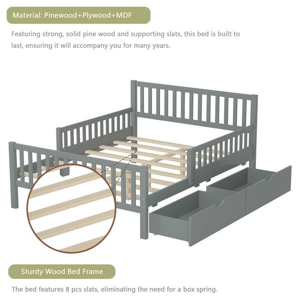 Gray Wood Full Size Platform Bed Frame with Guardrails on Both