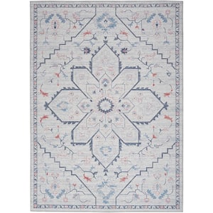 57 Grand Machine Washable Ivory Blue 5 ft. x 7 ft. Center medallion Contemporary Area Rug