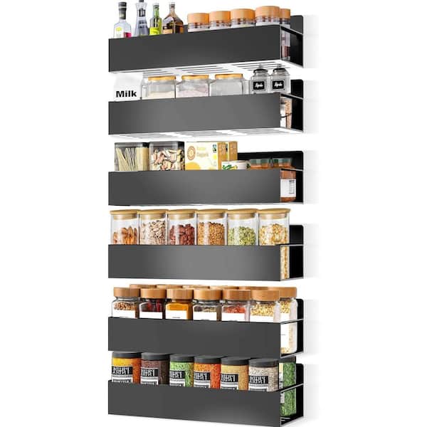 6-Pack Black Magnetic Spice Rack Organizer with Screw and Adhesive Hanging, Magnetic Shelf for Refrigerator