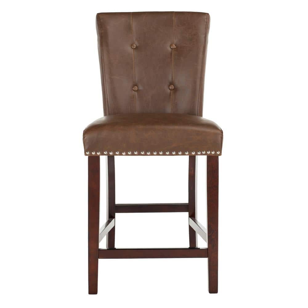 Transitional Tufted Brown Leather Counter Stool - Set of 2