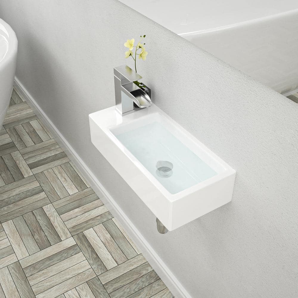 15" White Ceramic Wall-Mounted Floating Bathroom Sink