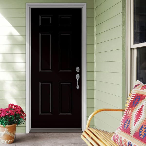 36 in. x 80 in. 6-Panel Black Painted w/White Interior Steel Prehung Left-Hand Inswing Front Door w/Brickmould