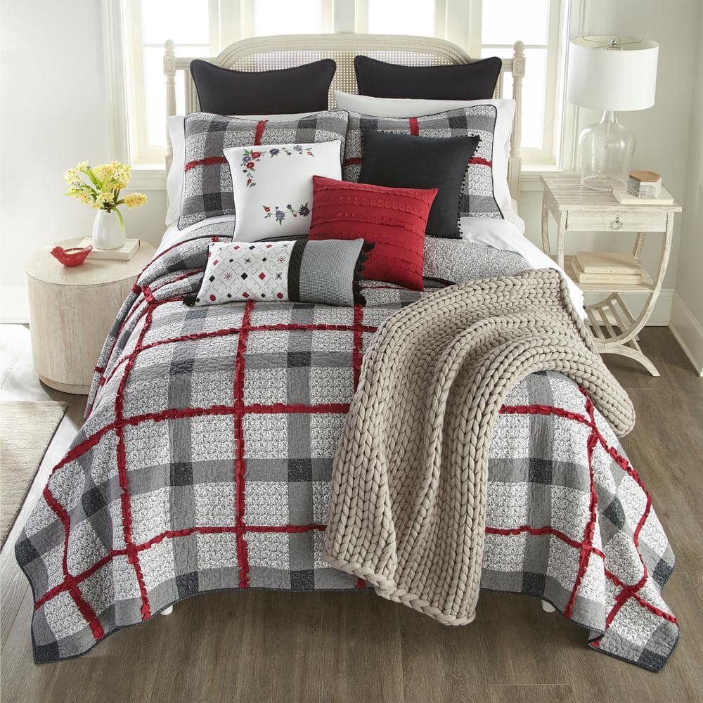 DONNA SHARP Dawson 3-Piece Grey, Red and White Cotton Queen Quilt Set 60356  - The Home Depot