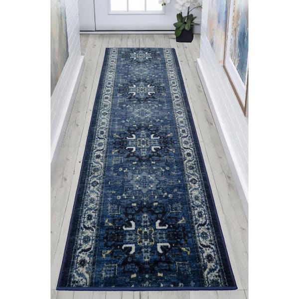 Antique Collection Series Medallion Navy Blue 26 in. x 19 ft. Your Choice Length Stair Runner