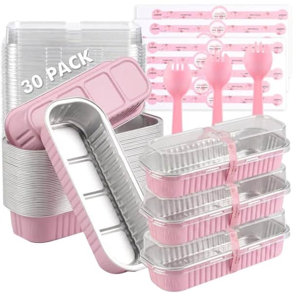 30-Pack Mini Disposable Aluminum Foil Loaf Pan with Lids and Spoons, 5.9 x 1.8 x 1.18 in., 6.8 oz., Pink