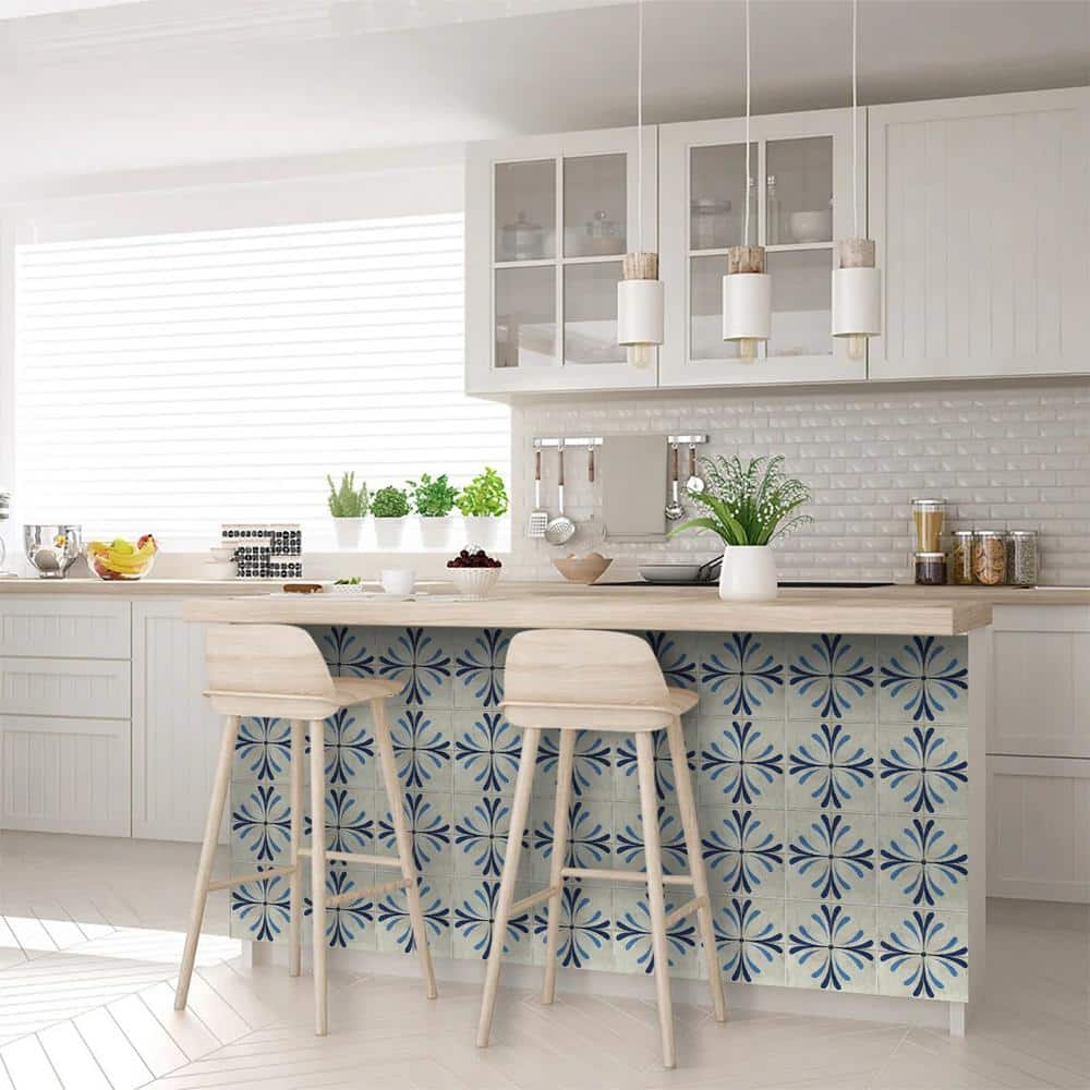 Antique White and Blue Vinyl Peel and Stick Mosaic Tile Set