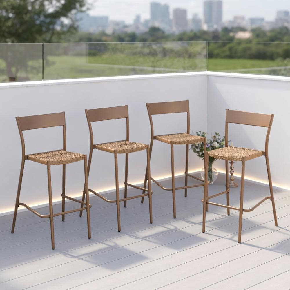 Set of 4 Light Brown Wicker Patio Bar Stools with Metal Frame, Stackable Outdoor Bar Chairs for Backyard, Porch price history on PriceWatchPro