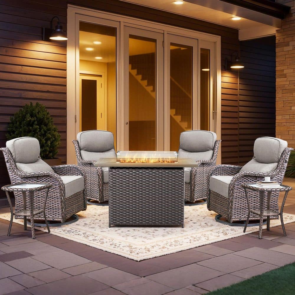 Holion 7-Piece Fire Pit Patio Set Brown Wicker Outdoor Conversation Set with Swivel Glider Chairs and Gray Cushions price history on PriceWatchPro