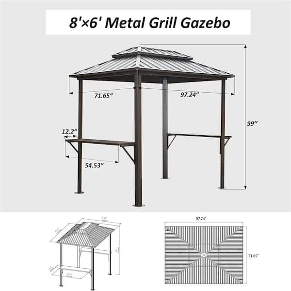 Grill Gazebo 8 ft. x 6 ft. Hard top Double Roof Aluminum BBQ Gazebo Outdoor Metal Frame with Shelves Serving Tables