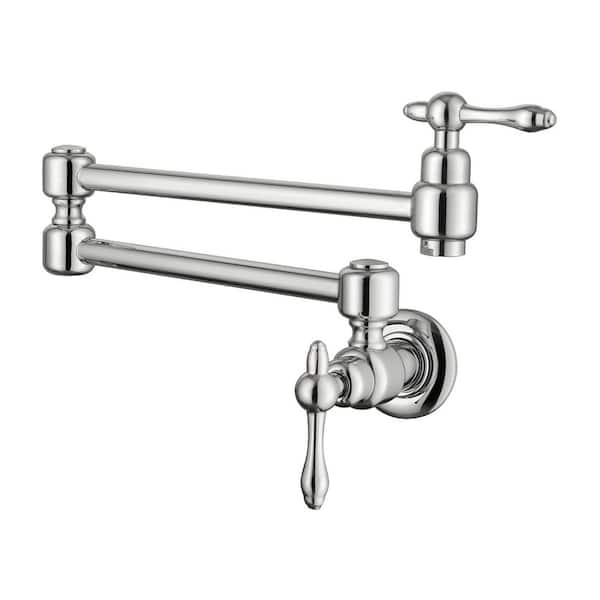 Wall Mounted Folding Pot Filler with Double-Handle Brass Stretchable Kitchen Sink Faucet in Chrome