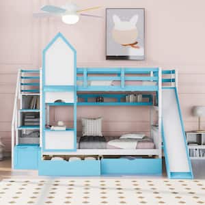 Kids Castle Bunk Bed with Storage Drawers, Shelf, Slide and Safety Guardrail, Twin over Twin Bunk Bed with Stairs Blue