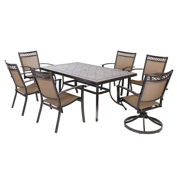 Mondawe Lutane 7-Piece Dark Gold Cast Aluminum Rectangular 28" H Outdoor Dining Set with Umbrella Hole