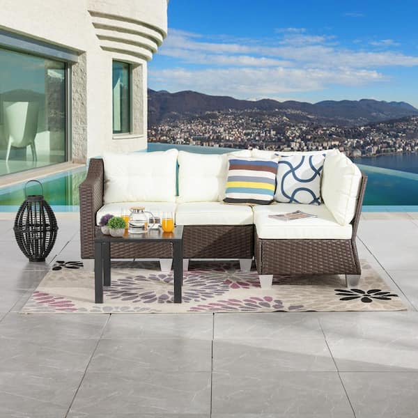 Patio Festival 5-Piece Wicker Patio Conversation Set with Beige Cushions