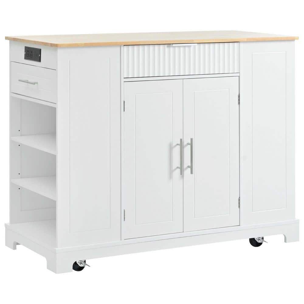 Black Wood 48.5 in. W Kitchen Island with Trash Can, Power Outlet, 3 Drawer, 3 Open Side Racks