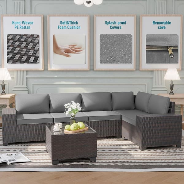 6-Piece Wicker Outdoor Sectional Set with Glass Coffee Table and Grey Cushions