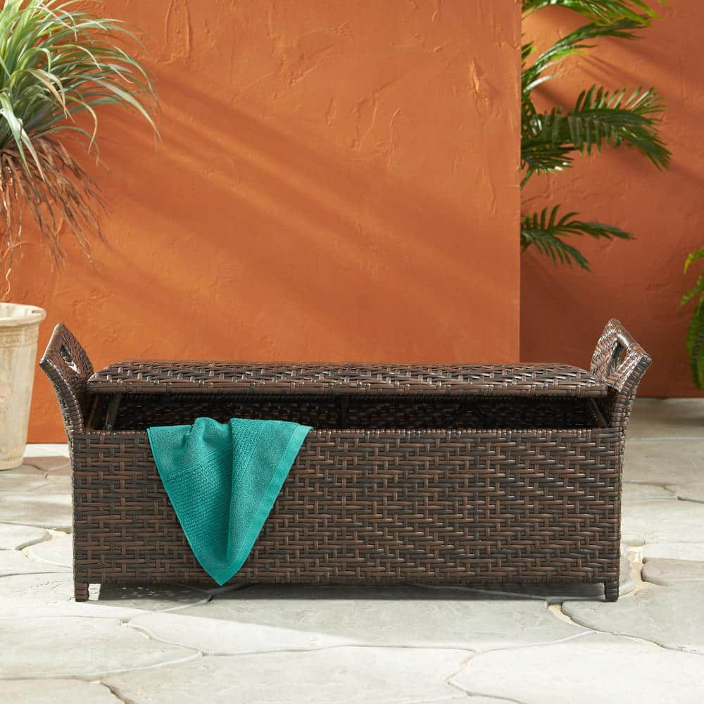 Contemporary Brown Wicker Outdoor Storage Bench/Ottoman