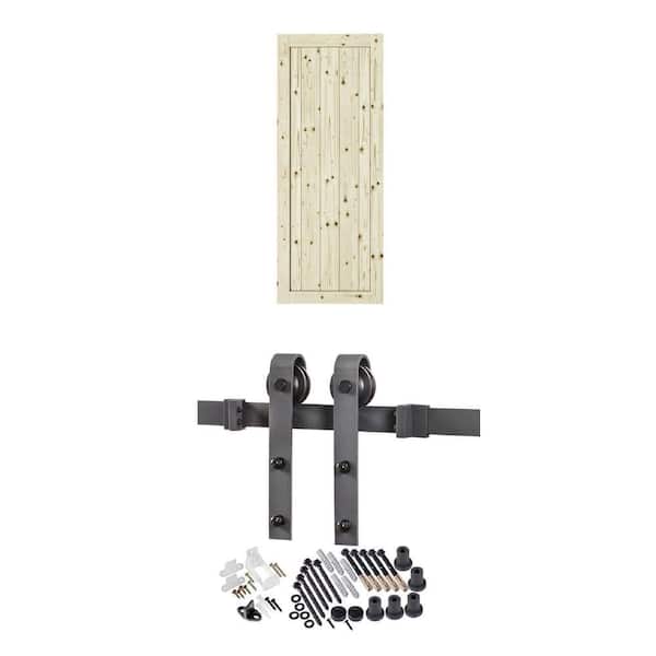 26 in. x 84 in. Knotty Pine Barn Door Slab and 78.75 in. Black Steel Barn Door Hardware Kit