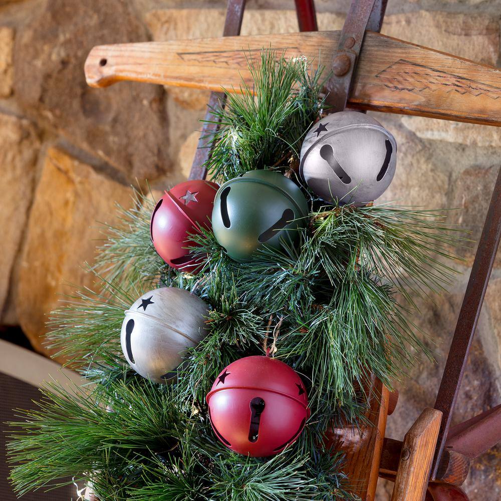 Traditional Red, Green, Silver Metal Jingle Bell Ornaments Set