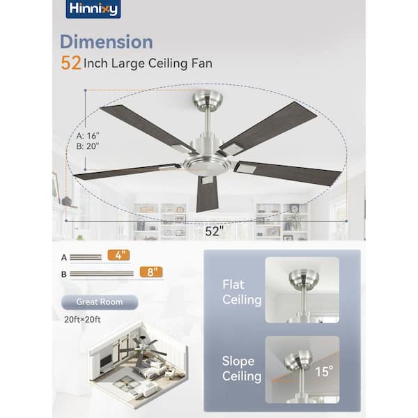 52 in. Indoor/Outdoor Brushed Nickel Reversible Downrod Mount No Light Ceiling Fan with DC Motor,Remote Control Included