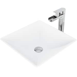 Matte Stone Hibiscus Composite Square Vessel Bathroom Sink in White with Amada Faucet and Pop-Up Drain in Chrome