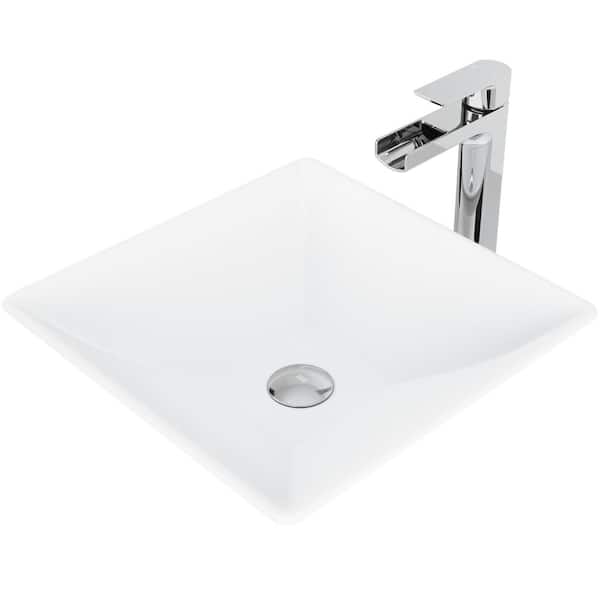 VIGO Matte Stone Hibiscus Composite Square Vessel Bathroom Sink in White with Amada Faucet and Pop-Up Drain in Chrome