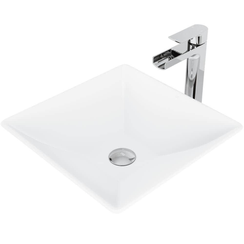 Modern Square Above-Counter Stone Bathroom Sink in White with Faucet