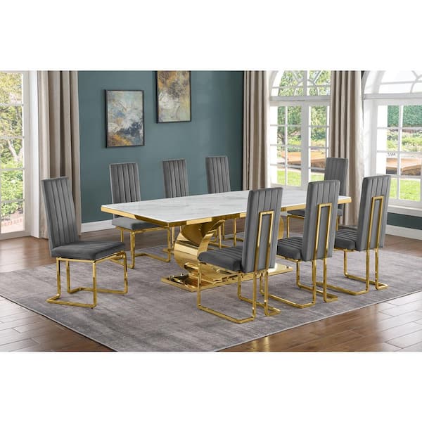 Best Quality Furniture Ibraim 9-Piece Rectangle White Marble Top Gold Stainless Steel Dining Set with 8 Dark Grey Velvet Gold Chrome Iron Chair
