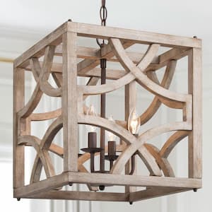 Farmhouse Modern Brown Wood Candlestick Chandelier 4-Light Rustic Square Adjustable Cage Pendant Light with Rusty Accent