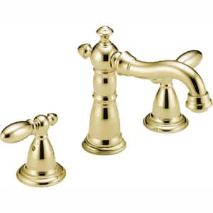 Victorian 8 in. Widespread 2-Handle Bathroom Faucet with Metal Drain Assembly in Polished Brass