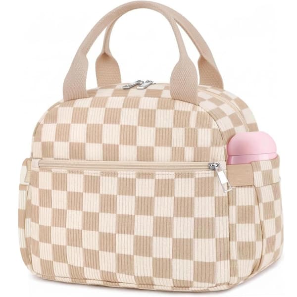 10L Insulated Lunch Bag with Corduroy Exterior, Large Reusable Tote Cooler with Pockets, Brown Grid