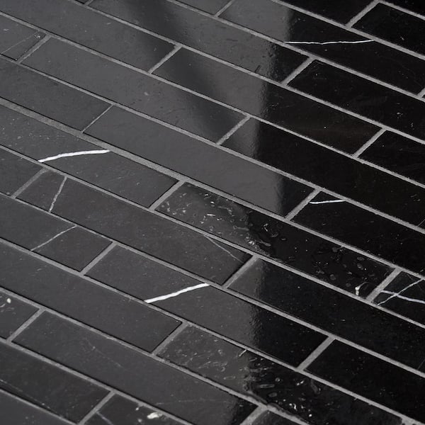 Nero Marquina Black Marble 1x4 Herringbone Mosaic Tile Honed