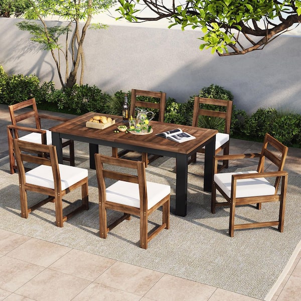 Harper & Bright Designs Mocha 7-Piece Acacia Wood Outdoor Dining Set with Beige Cushions, 2 Armchairs, 4 Side Chairs