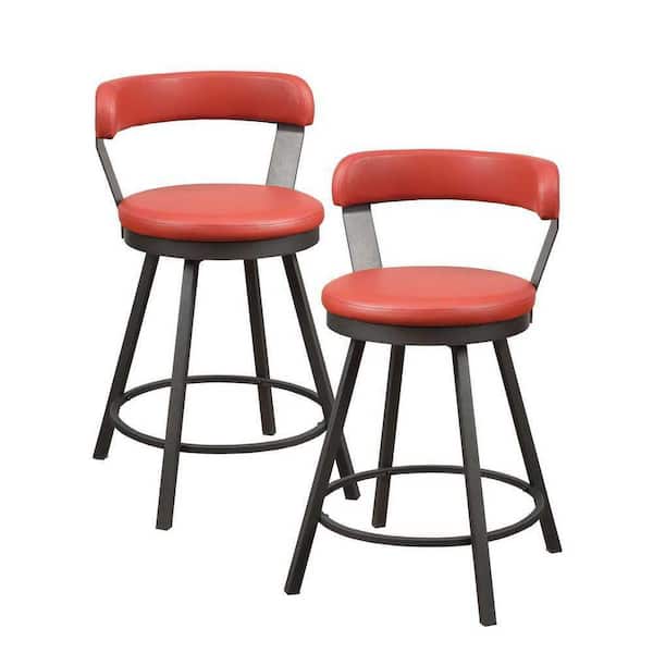 EVERGLADE HOME Avignon 35.5 in. Mottled Silver Low Back Metal Frame Swivel Bar Stool with Red Faux Leather Seat (Set of 2)