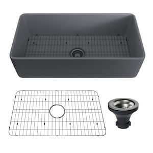 Matte Gray Fireclay 36 in. Single Bowl Farmhouse Apron Workstation Kitchen Sink with Bottom Grid and Strainer