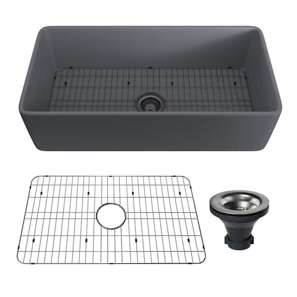 CASAINC Matte Gray Fireclay 36 in. Single Bowl Farmhouse Apron Workstation Kitchen Sink with Bottom Grid and Strainer