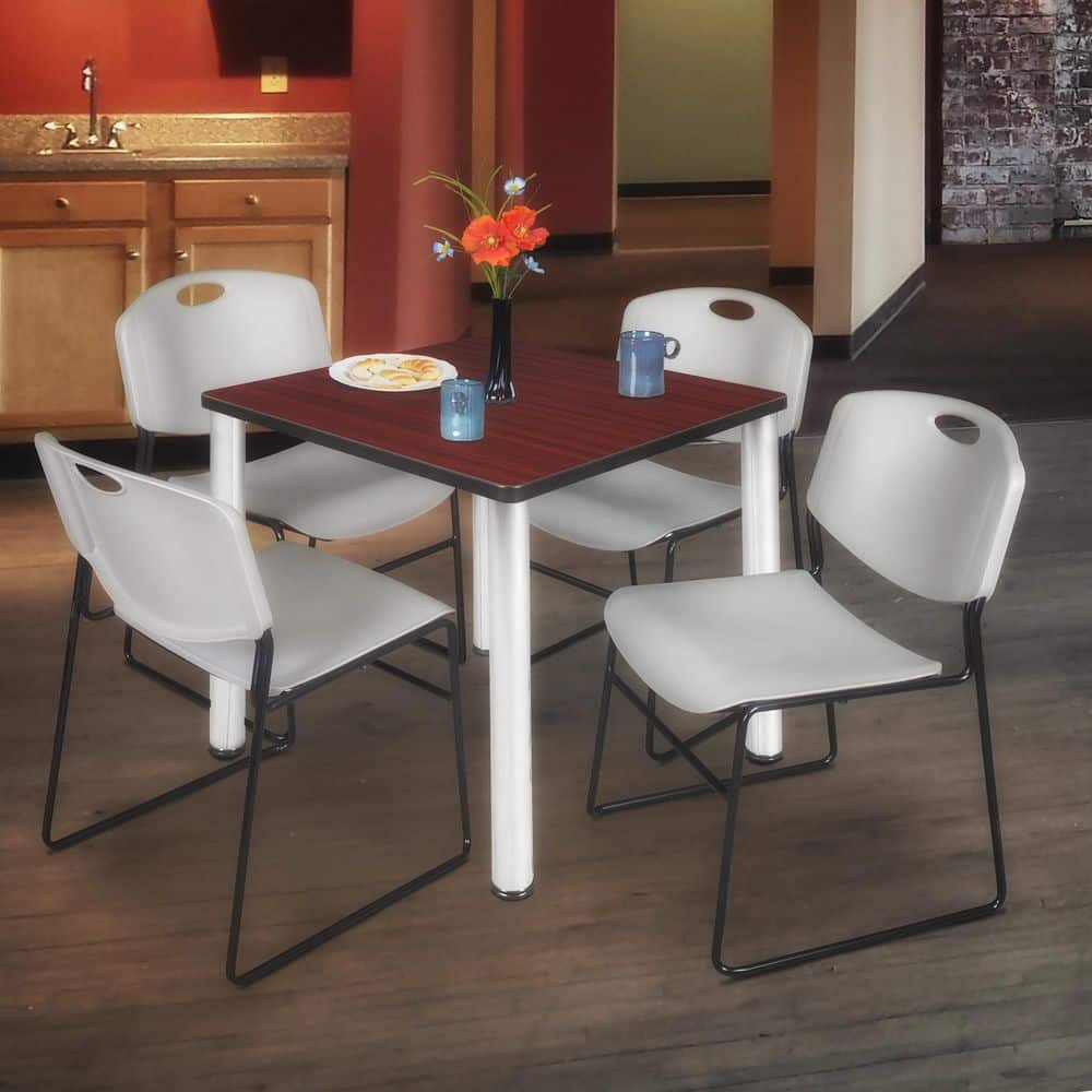 Kee 30 in Mahogany Top Square Breakroom Table Desk, Chrome Legs, 4 Zeng Stack Chairs-Grey price history on PriceWatchPro