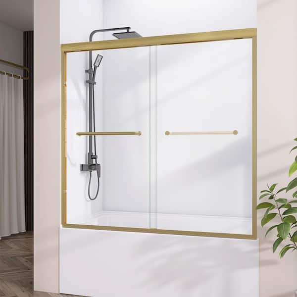 56-60 in. W x 58 in. H Semi-Frameless Sliding Tub Door Bathtub Shower Door in Brushed Gold 1/4 in. with Clear Glass