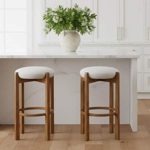 30 in. H Walnut Finish Solid Wood Bar Stools with Ivory Upholstery (Set of 2)