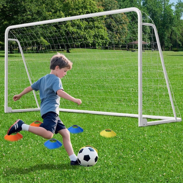 ABORON 12 ft. x 6 ft. Soccer Goal for Backyard Weatherproof Foldable Steel Soccer Goal in White with Training Target and 6-Cone