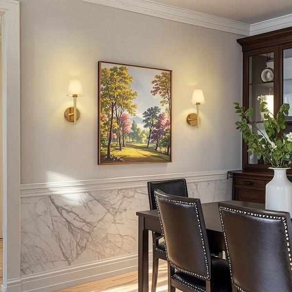 5 in. 1-Light Copper LED Wall Sconce Set of 2 with White Shade, Wireless Wall Lights for Bedroom, Living Room, Hallway