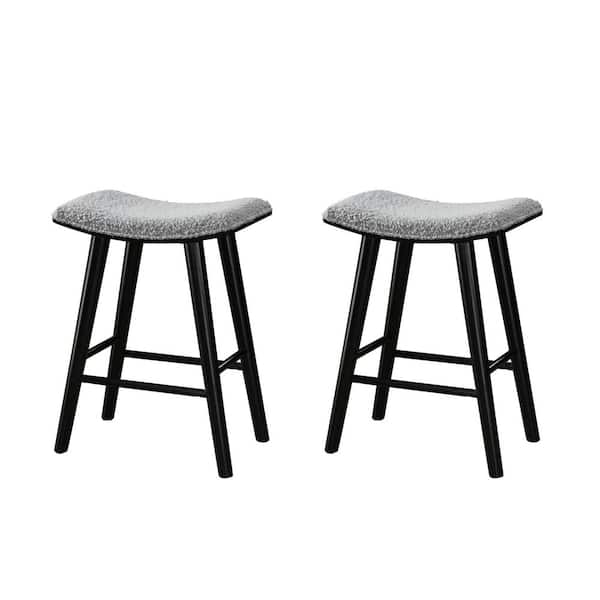 LuXeo Luna 24 in. Black Backless Wood Saddle Counter Stools with Gray Boucle Fabric Seat (Set of 2)