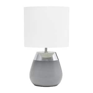 14 in. 2-Toned Metallic Chrome and Gray Metal Bedside 4 Settings Touch Table Desk Lamp with White Fabric Drum Shade